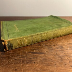 Pode incluir: Um livro antigo com capa verde e letras douradas. O t&iacute;tulo do livro, "Essays of..." e "Conscience" s&atilde;o vis&iacute;veis. O livro est&aacute; sobre uma superf&iacute;cie de madeira, mostrando sua apar&ecirc;ncia envelhecida e import&acirc;ncia hist&oacute;rica.