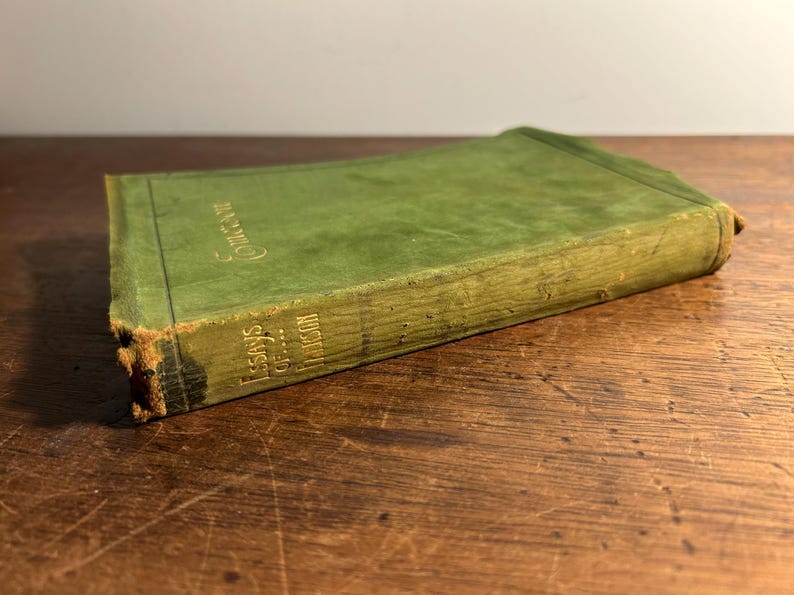 Pode incluir: Um livro antigo com capa verde e letras douradas. O t&iacute;tulo do livro, "Essays of..." e "Conscience" s&atilde;o vis&iacute;veis. O livro est&aacute; sobre uma superf&iacute;cie de madeira, mostrando sua apar&ecirc;ncia envelhecida e import&acirc;ncia hist&oacute;rica.