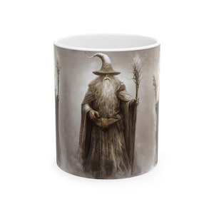 Wizard Council White Ceramic Mug - Mystical Staff Design, 11oz & 15oz, Forbidden Room  Collection!