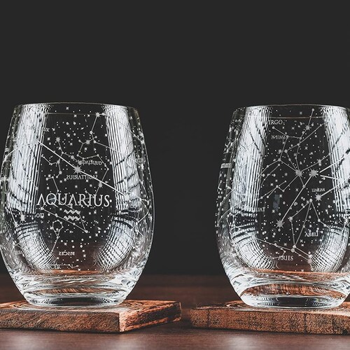 Virgo Stemless Wine Glasses Zodiac Virgo Set Hand Etched Etsy