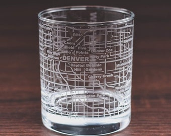 Vasos de whisky con mapa grabado de Denver/vaso de 10 onzas para los amantes de Denver (vaso individual)