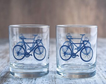 Bicycle Whiskey Glasses (Set of 2) |10 oz Tumbler Gift Set with Colorful Cyclist