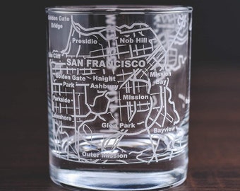 San Francisco Etched Whiskey Glasses - Etched with San Francisco Map (Single Glass) | 10 Oz
