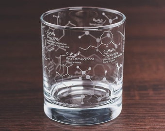 Science of Whiskey Glass - Etched with Whiskey Chemistry Molecules  10 oz Tumbler (Single Glass)