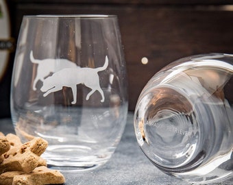 Labrador Retriever Stemless Wine Glasses (Set of 2) | Unique Gift for Dog Lovers | Hand Etched with Breed Name on Bottom