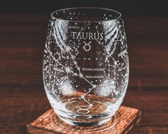 Taurus Stemless Wine Glass | Etched Zodiac Taurus Gift - Astrology Sign Constellation Tumbler | 15 oz (Single Glass)