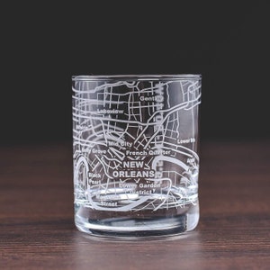 New Orleans Whiskey Glasses Etched with New Orleans Map (Single Glass)