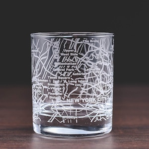 New York Etched Map Whiskey Glasses - Old Fashioned Rocks Glass 10 Oz Tumbler - (Single Glass)