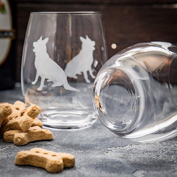 German Shepherd Stemless Wine Glasses (Set of 2) | Unique Gift for Dog Lovers | Hand Etched with Breed Name on Bottom…