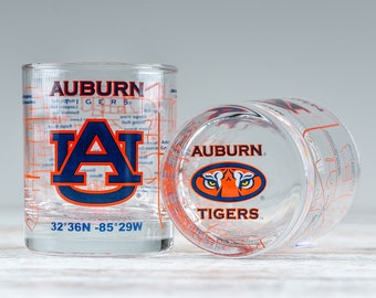 Auburn University Whiskey Glass Set (2 Low Ball Glasses) | Contains Full Color Tigers Logo & Campus Map