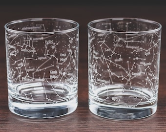 Whiskey Glasses – Northern Summer Sky Space & Constellations (Set of 2) – Etched 10 Oz Tumbler Gift Set