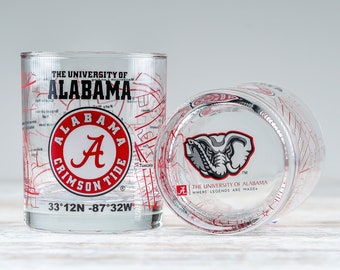 The University Of Alabama Whiskey Glass Set (2 Low Ball Glasses) | Contains Full Color Alabama Logo & Campus Map