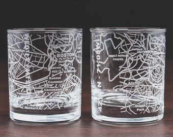 Boston Whiskey Glasses Etched with Boston (Set of 2) - 10 Oz  Map Old Fashioned Rocks Glass
