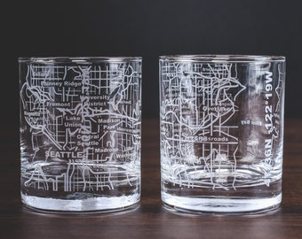 Seattle Map Etched Whiskey Glasses with Seattle Map | Old Fashioned Rocks Glass (Set of 2) - 10 Oz