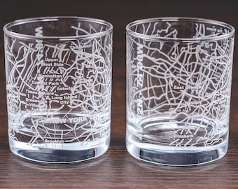 New York City Whiskey Glasses Tumbler Gift Set - Etched with New York City Map | Old Fashioned Rocks Glass (Set of 2) - 10 oz