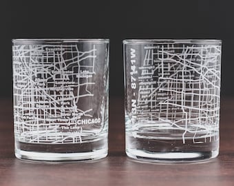 Chicago Whiskey Glasses Tumbler Gift Set for Chicago lovers, Etched with Chicago Map | Old Fashioned Rocks Glass (Set of 2) - 10 Oz