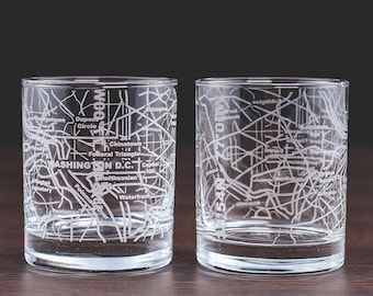 Washington Whiskey Glasses Tumbler Gift Set, Etched with Washington, DC Map | Old Fashioned Rocks Glass (Set of 2) - 10 Oz