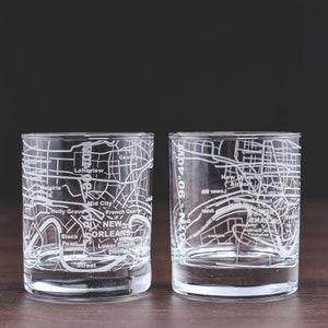 New Orleans Whiskey Glasses (Set of 2) - Tumbler Gift Set, Etched with New Orleans Map | Old Fashioned Rocks Glass 10 Oz