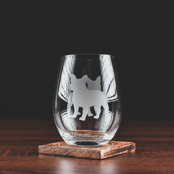 French Bulldog Stemless Wine Glass (One Glass) | Unique Gift for Dog Lovers | Hand Etched with Breed Name on Bottom