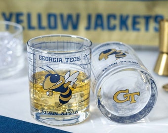 Georgia Tech Whiskey Glass Set (2 Low Ball Glasses) - Logo On Bottom