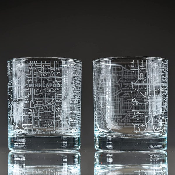 Minneapolis - City Map Etched Whiskey Glasses -  | Old Fashioned Rocks Glass - Set of 2