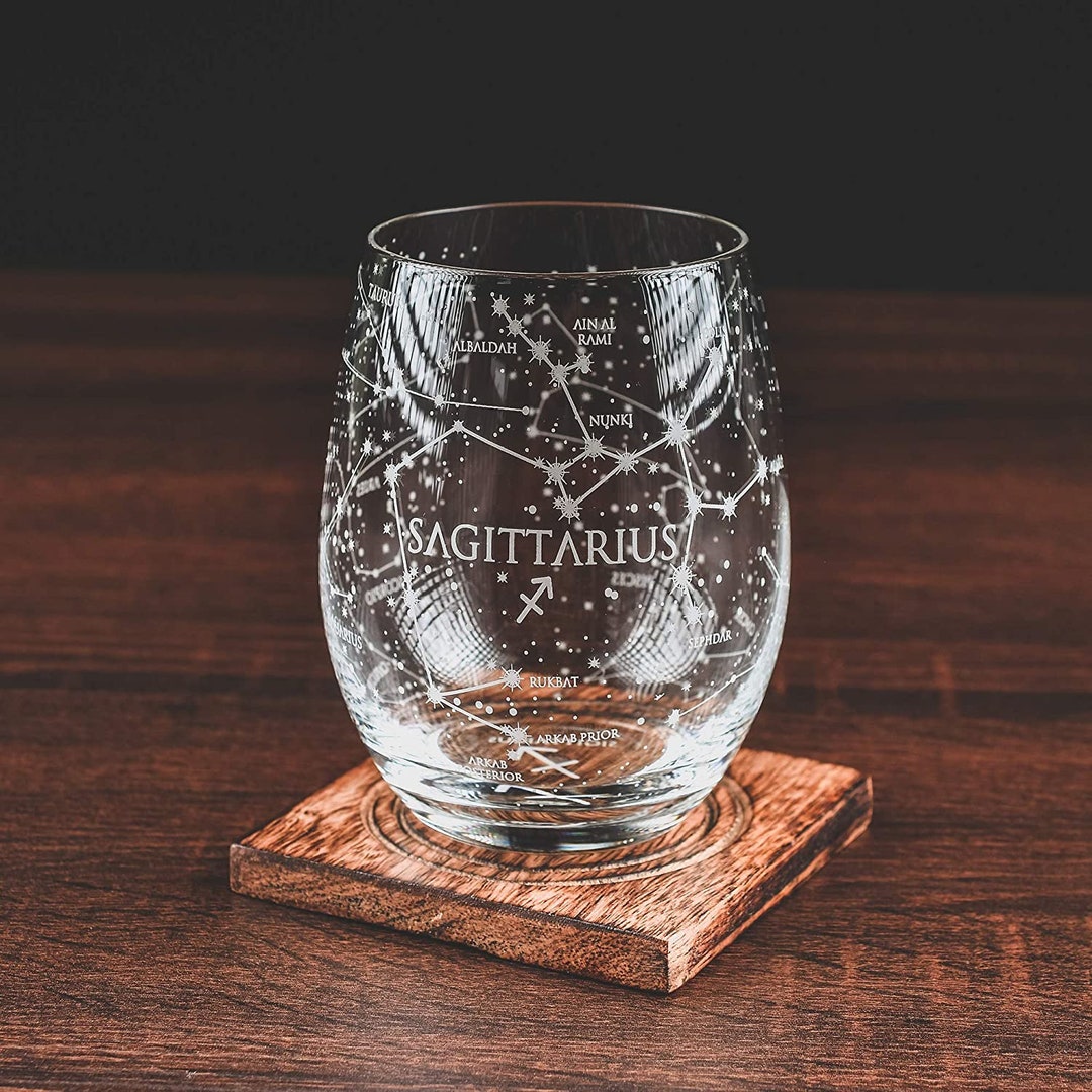 Sagittarius Stemless Wine Glasses Zodiac Sagittarius Set Hand Etched 15
