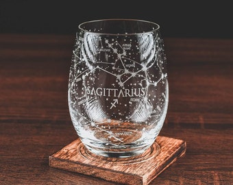 Sagittarius Stemless Wine Glasses | Zodiac Sagittarius Set | Hand Etched 15 oz (Set of 1) - Astrology Sign Glassware