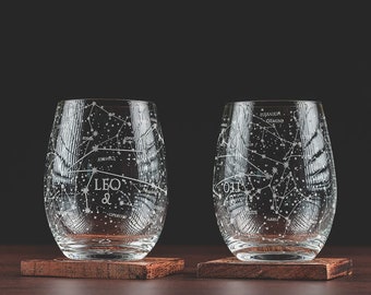 Leo Stemless Wine Glasses | Zodiac Leo Set | Hand Etched 15 oz (Set of 2) - Astrology Sign Glassware - Leo Gifts