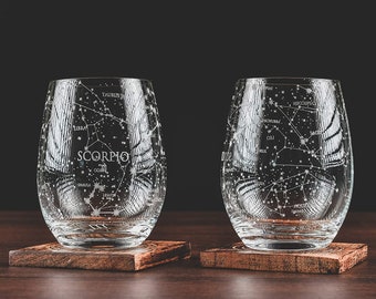 Scorpio Stemless Wine Glasses | Zodiac Scorpio Set | Hand Etched 15 oz (Set of 2) - Astrology Sign Glassware