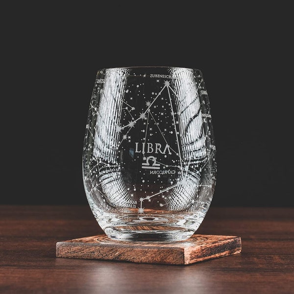 Libra Stemless Wine Glass | Etched Zodiac Libra Gift | - Astrology Sign Constellation Tumbler 15 oz (Single Glass