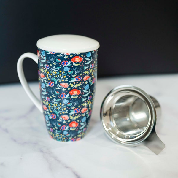 Boho Mug - Modern Navy Floral Coffee Mug / Tea Cup, Ceramic Lid, and Infuser (16oz)