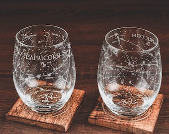 Capricorn Stemless Wine Glasses | Zodiac Capricorn Set | Hand Etched  - Astrology Sign Glassware 15 oz (Set of 2)