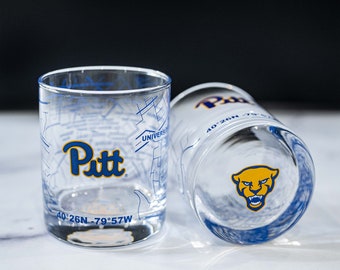 University Of Pittsburgh Whiskey Glass Set (2 Low Ball Glasses) - Logo On Bottom