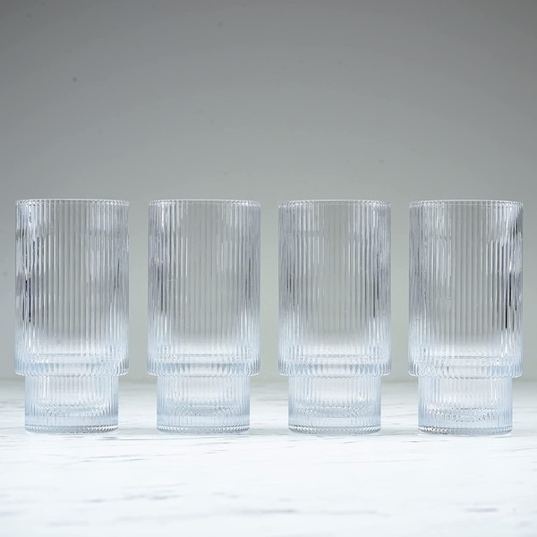 Ripple Drinking Glasses - 12 oz Modern Kitchen Glassware or Barware Set of 4