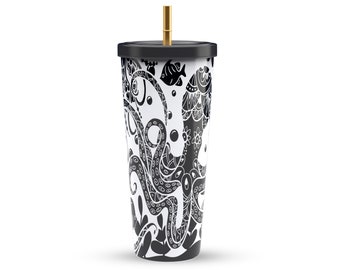 Octopus Boho Insulated Stainless Steel Tumbler with Gold Straw 750ml  - Dog Mom & Dad Gift