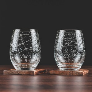 Virgo Stemless Wine Glasses | Zodiac Virgo Set | Hand Etched 15 oz (Set of 2) - Astrology Sign Glassware