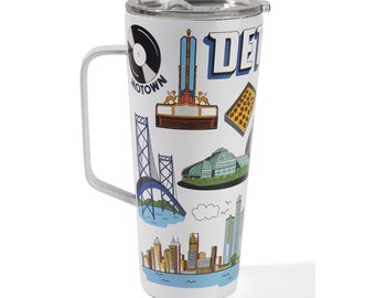 Detroit City Insulated Stainless Steel Tumblers with Lids & Handle for Hot and Cold Beverages Coffee Tumbler Mug Design 30 oz