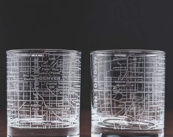 Denver Whiskey Glasses - Tumbler Gift Set for Colorado lovers, Etched with Denver Map Set Of 2 10oz