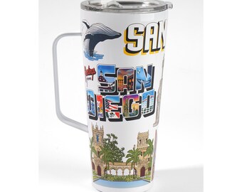 San Diego City Insulated Stainless Steel Tumblers with Lids & Handle for Hot and Cold Beverages Coffee Tumbler Mug Design 30 oz