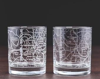 Nashville Etched Whiskey Glasses - 10 Oz Tumbler Gift Set for Nashville lovers, Etched with Nashville Map | Old Fashioned Rocks Glass