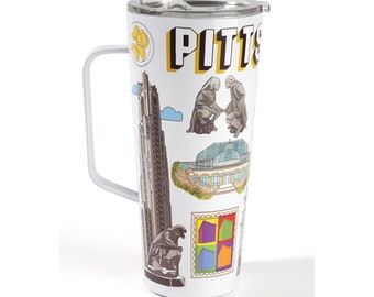 Pittsburgh City Insulated Stainless Steel Tumblers with Lids & Handle for Hot and Cold Beverages Coffee Tumbler Mug Design 30 oz