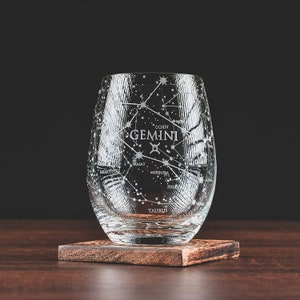 Gemini Stemless Wine Glasses | Zodiac Gemini Set | Hand Etched Astrology Sign Glassware  15 oz (Set of 2)