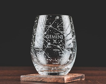 Gemini Stemless Wine Glasses | Zodiac Gemini Set | Hand Etched Astrology Sign Glassware  15 oz (Set of 2)