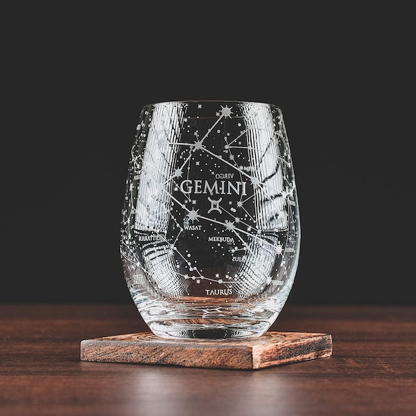 Gemini Stemless Wine Glasses | Zodiac Gemini Set | Hand Etched Astrology Sign Glassware  15 oz (Set of 2)