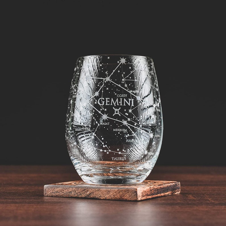Gemini Stemless Wine Glasses Zodiac Gemini Set Hand Etched Astrology Sign Glassware 15 oz Set of 2 image 1