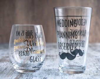 Engagement Glasses for Bride and Groom | Toasting Gifts Set of Two (1 Beer & 1 Stemless Wine Glass)