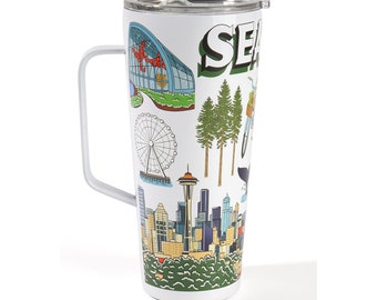 Seattle City Insulated Stainless Steel Tumblers with Lids & Handle for Hot and Cold Beverages Coffee Tumbler Mug Design 30 oz