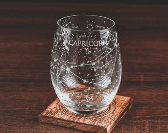 Capricorn Stemless Wine Glass | Etched Zodiac Capricorn Gift | Astrology Sign Constellation Tumbler 15 oz (Single Glass)