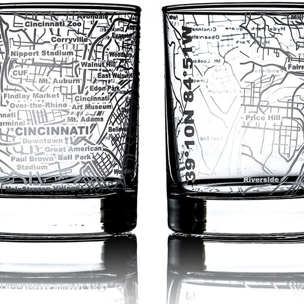 Cincinnati - City Map Etched Whiskey Glasses -  | Old Fashioned Rocks Glass - Set of 2