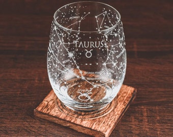 Taurus Etched Stemless Wine Glasses | Zodiac Taurus Set | Hand Etched 15 oz (Set of 2)